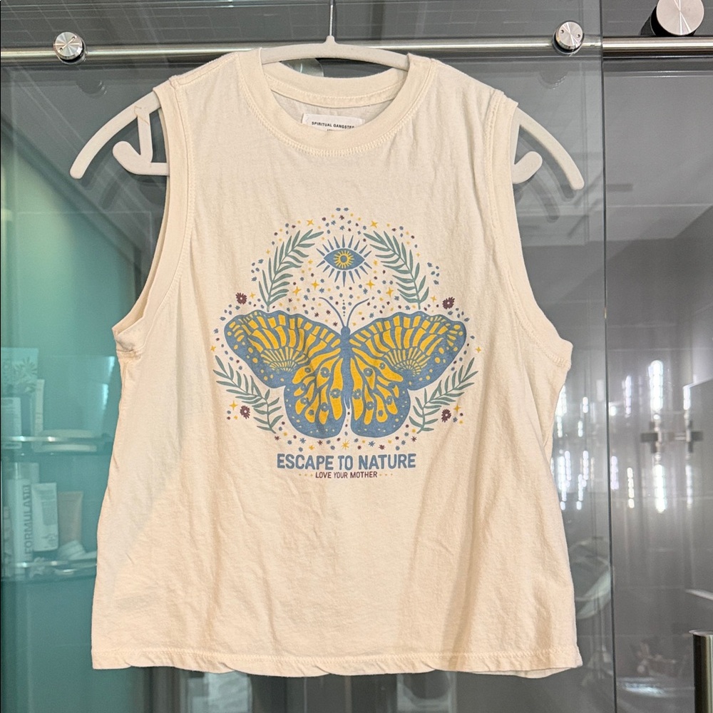 Spiritual Gangster Cream Muscle Tank with Yellow & Blue Butterfly Graphic